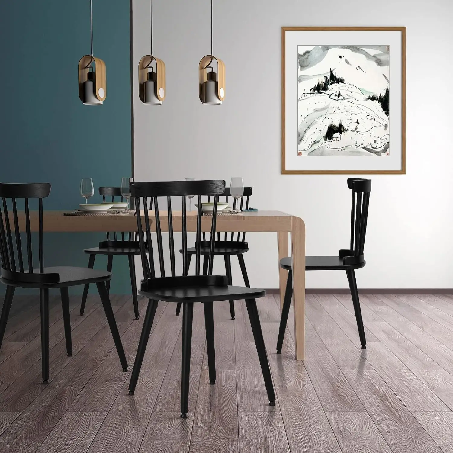 Ensemble de 6 chaises de salle à manger en bois massif de ferme, chaise d'appoint moderne du milieu du siècle, chaise de cuisine noire sans accoudoirs pour salle à manger