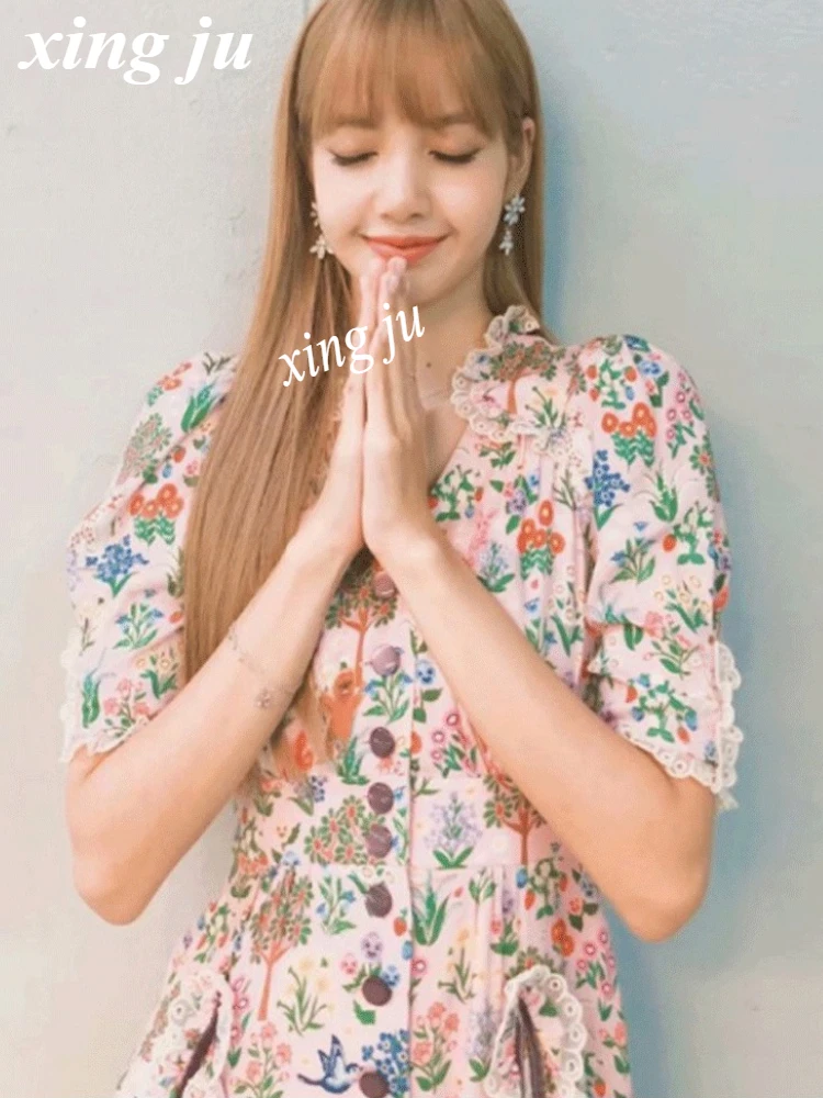 Kpop Korean Singer Women Jazz Dance Costume Birthday Party Sweet Lace Patchwork Floral Dress Festival Performance Stage Clothing