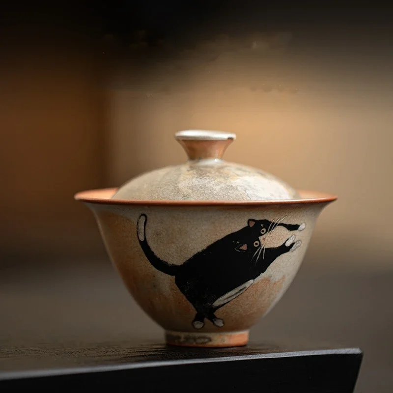 

Винтажный фарфоровый набор Gaiwan с милым котом для чайной тарелки, чашка для чайной посуды, китайские желтые миски, набор для чайной церемонии Chawan, магазин Lily Deng'S