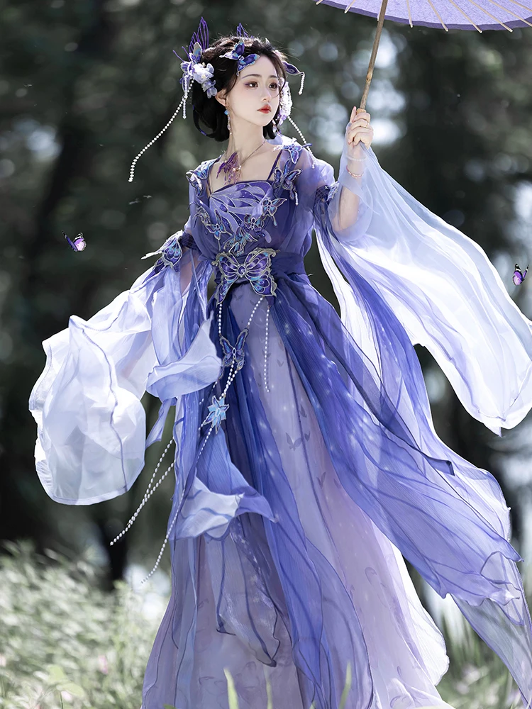 

New Chinese-style Women's Retro Heavy Embroidery Butterfly Long-sleeved Blouse Dress, Fairy Role-playing Dance, Sweet and Cute.