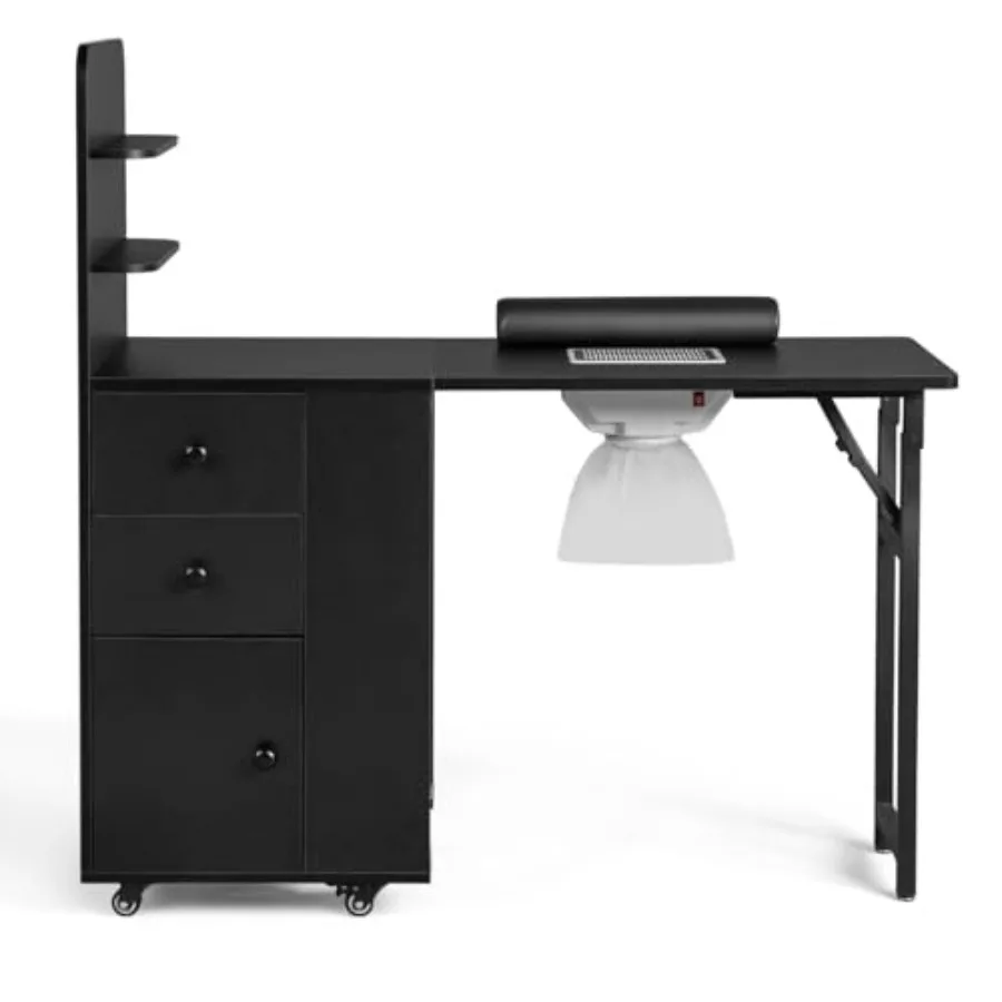 

Black Folding Nail Desk with Drawers, Portable Manicure Table for Salon, MDF Workstation with Cabinet, Space-Saving Nail Tech S