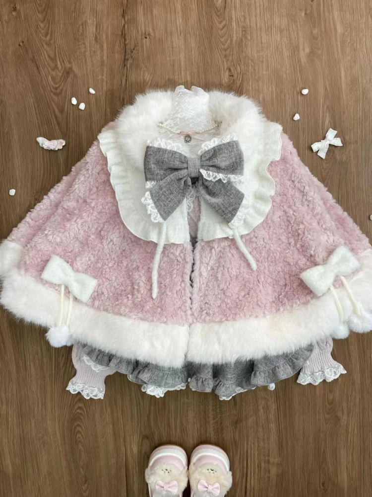 Зимние рождественские милые комплекты из трех предметов в японском стиле Лолиты, женский вязаный свитер + нечеткая плащ + юбка на бретелях, новые модные теплые милые костюмы