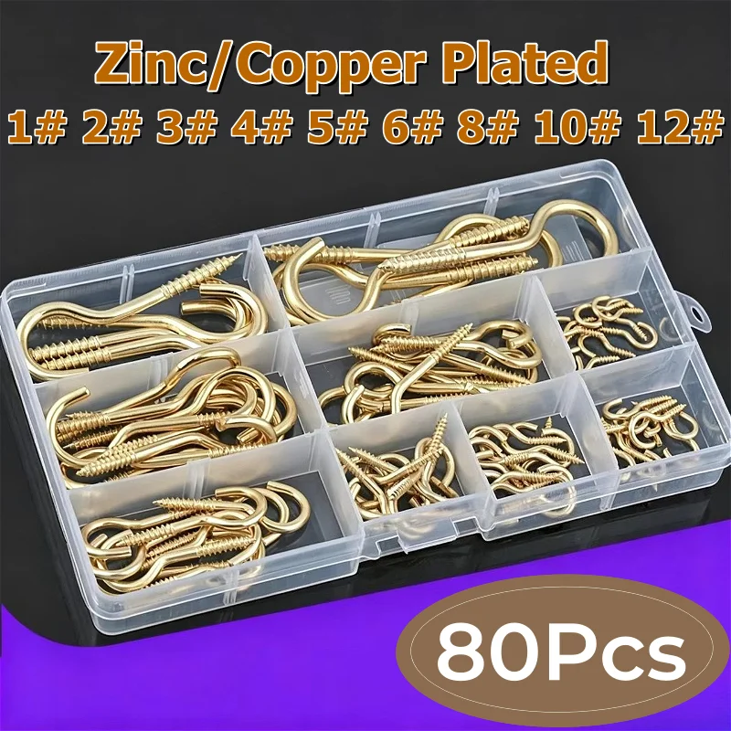 80Pcs Zinc/Copper Plated 1# 2# 3# 4# 5# 6# 8# 10# 12# Opening Sheep Eye Lamp Hook Screw Kit Self-tapping Question Mark Hooks Set