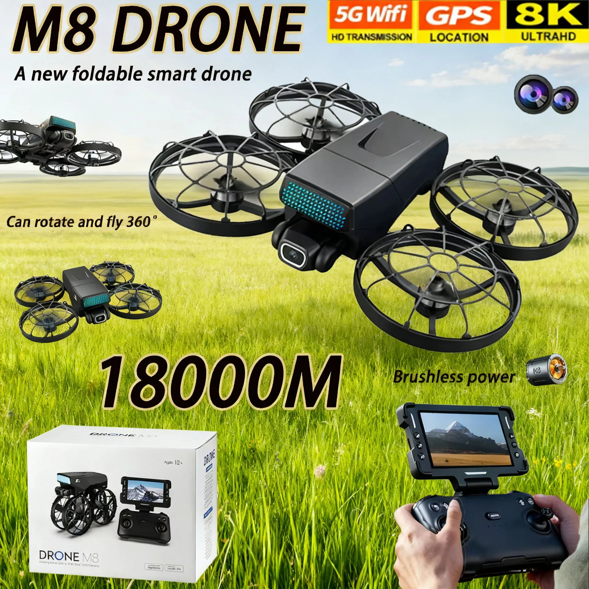 Novo mini drone com câmera m8 com câmeras duplas design dobrável capa protetora 360 rolo de luzes led motor sem escova quadcopter