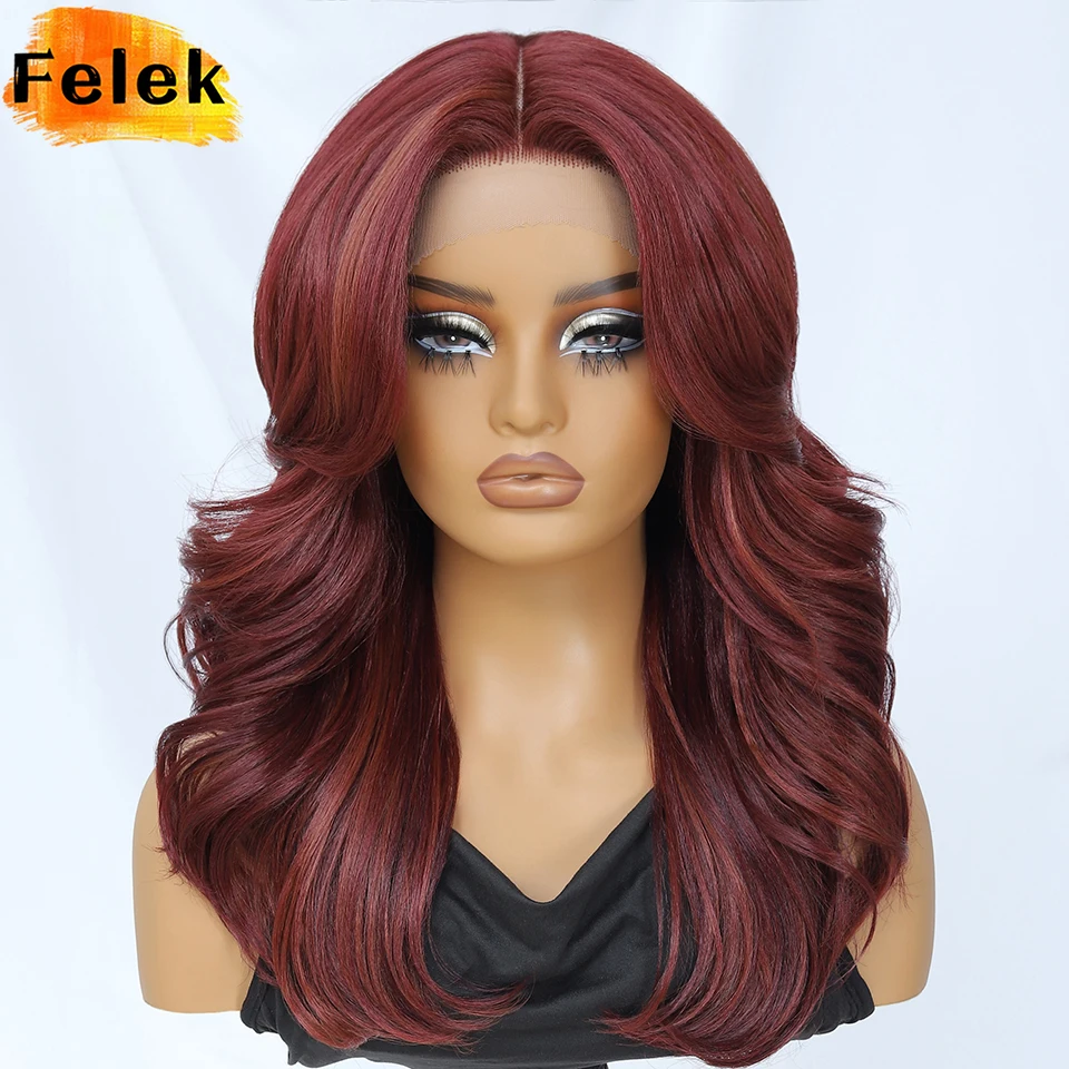 Red Layered Wigs for Women 18Inch Synthetic T Part Lace Front Wig With Baby Hair Ombre Brown Body Wave Daily Cosplay Costume Wig