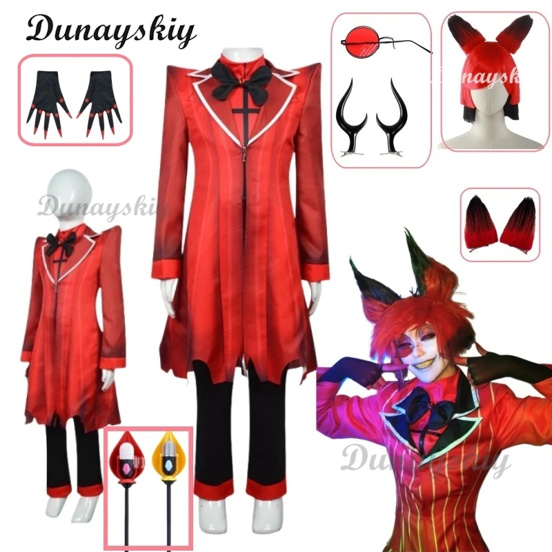 Alastor HazZZbinin Cosplay Costume Hotel Radio Demon Cosplay Red Jacket Shirt Pants Gloves Tie Uniform Halloween Full