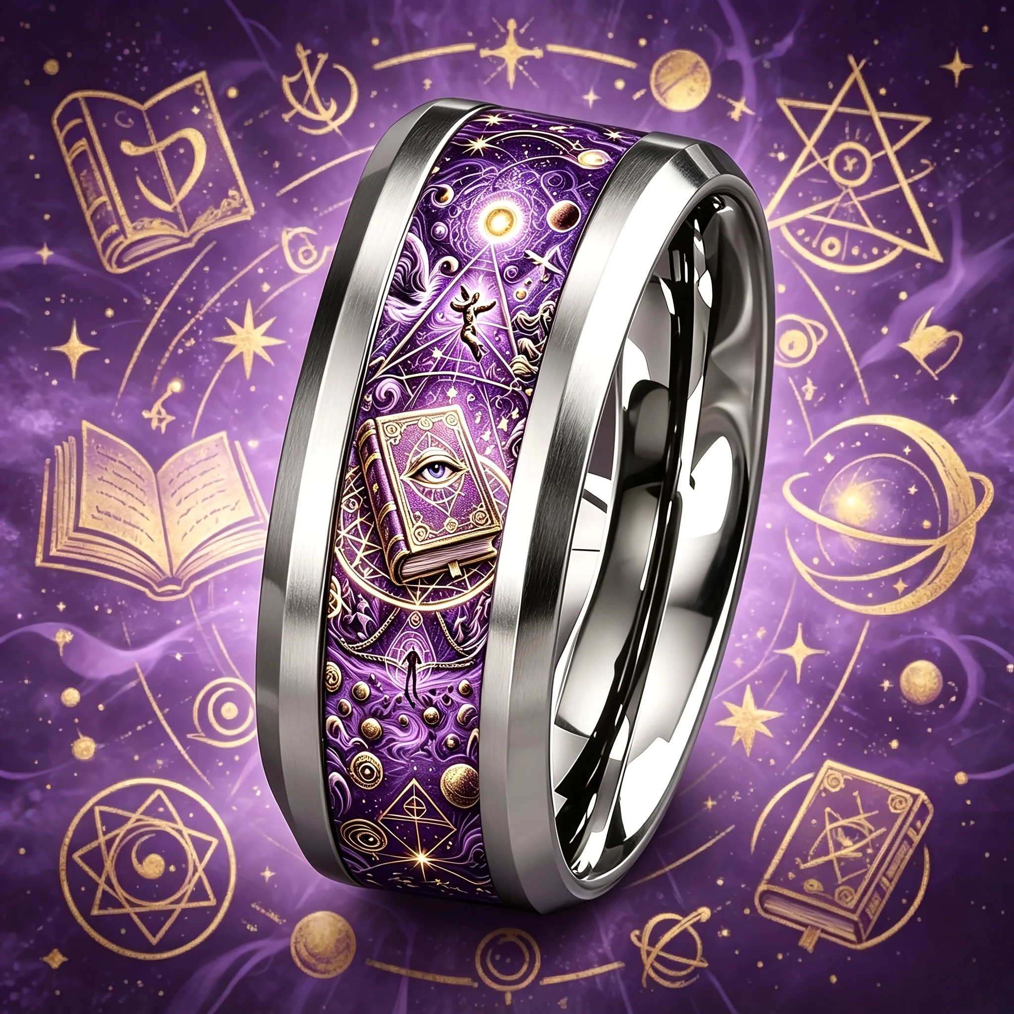 Bague rétro mystique à motif de livre de sorts de sorcellerie violette, style punk vintage, en acier inoxydable, pour femmes et hommes, bijoux à porter au quotidien, cadeau