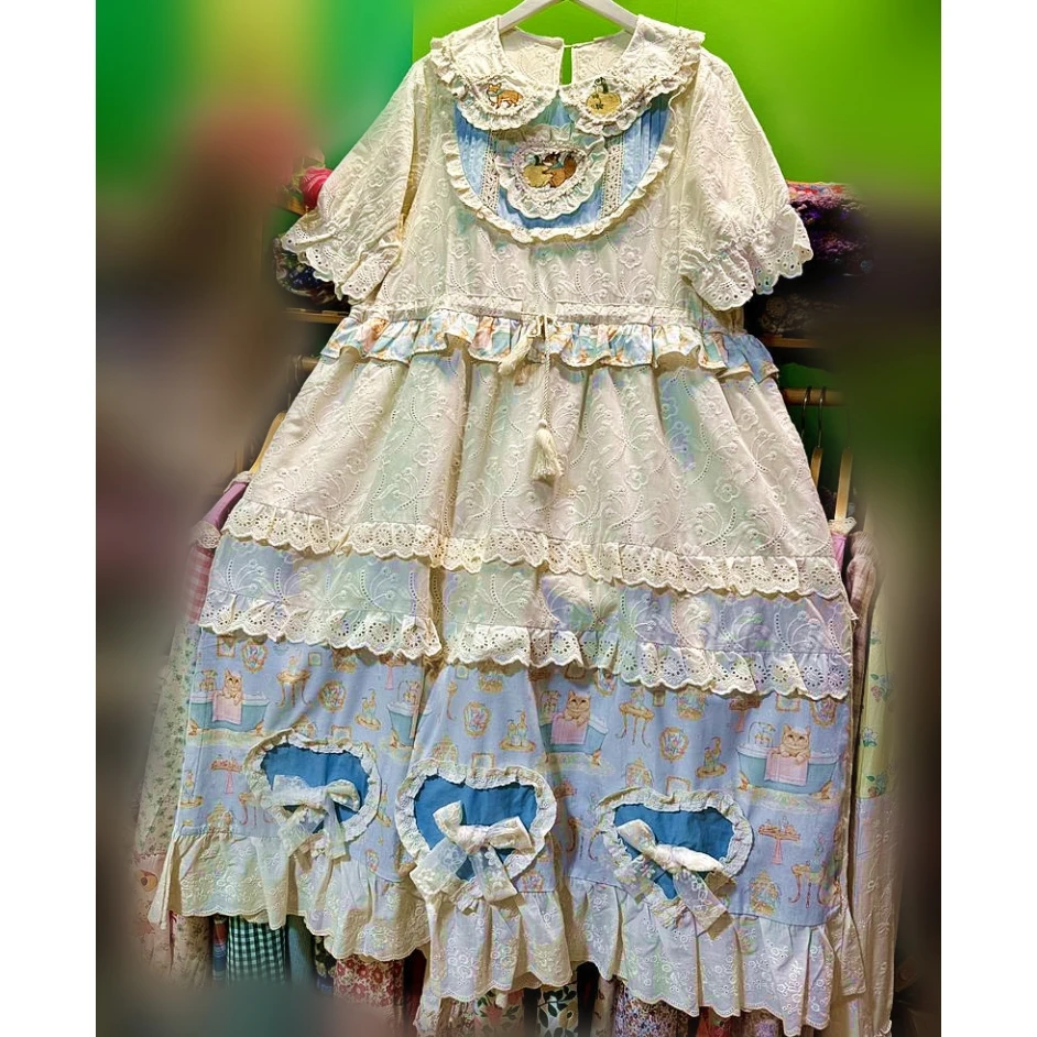 

Female Vintage Ruffled Lace Patchwork Cotton Midi Dress Rococo Lolita Sweet Kawaii Goblincore Korean Summer Fashion Long Dress