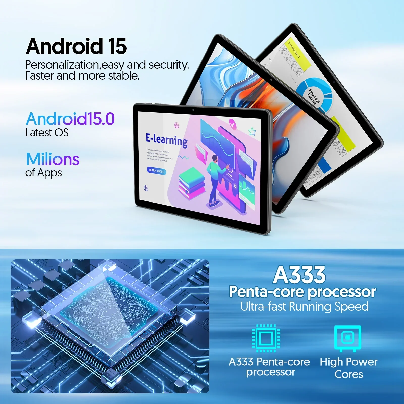 BAKEN 10-inch Android 15 tablet, A333 penta-core processor, 24GB (6GB + 18GB expansion) RAM + 128GB ROM, 5G WiFi, 8000mAh