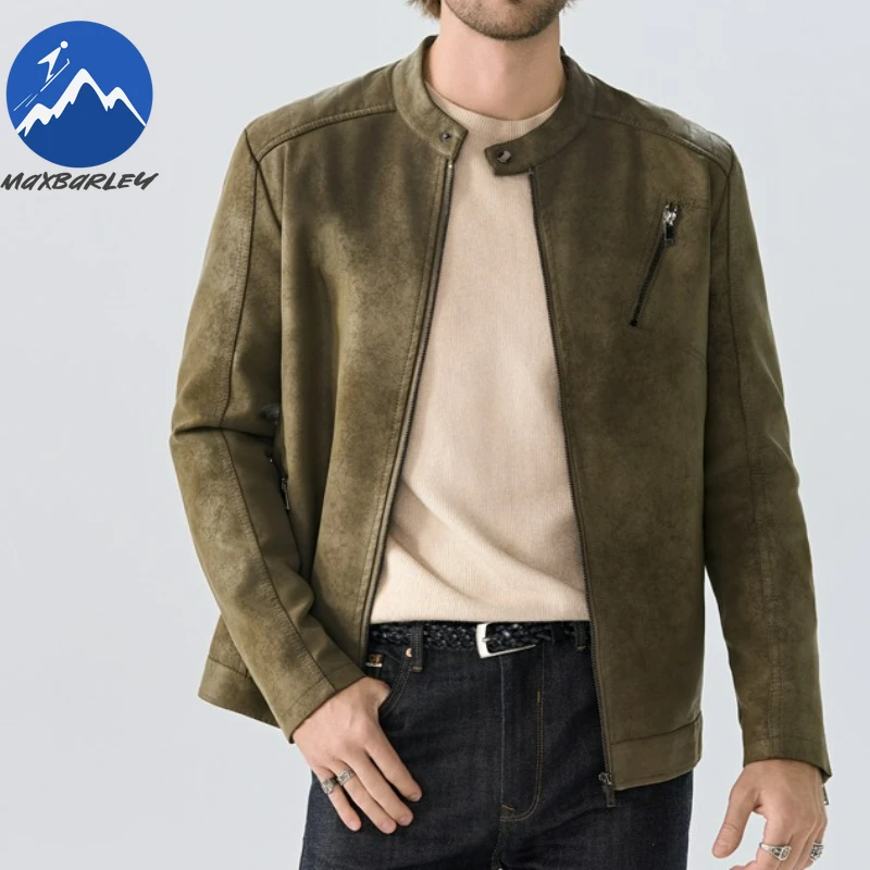 Maxbarley 2025 New Leather Jacket Top Layer Retro Tie Dye Leather Clothes Mens Stand Collar Motorcycle Riding Coat Autumn Youth