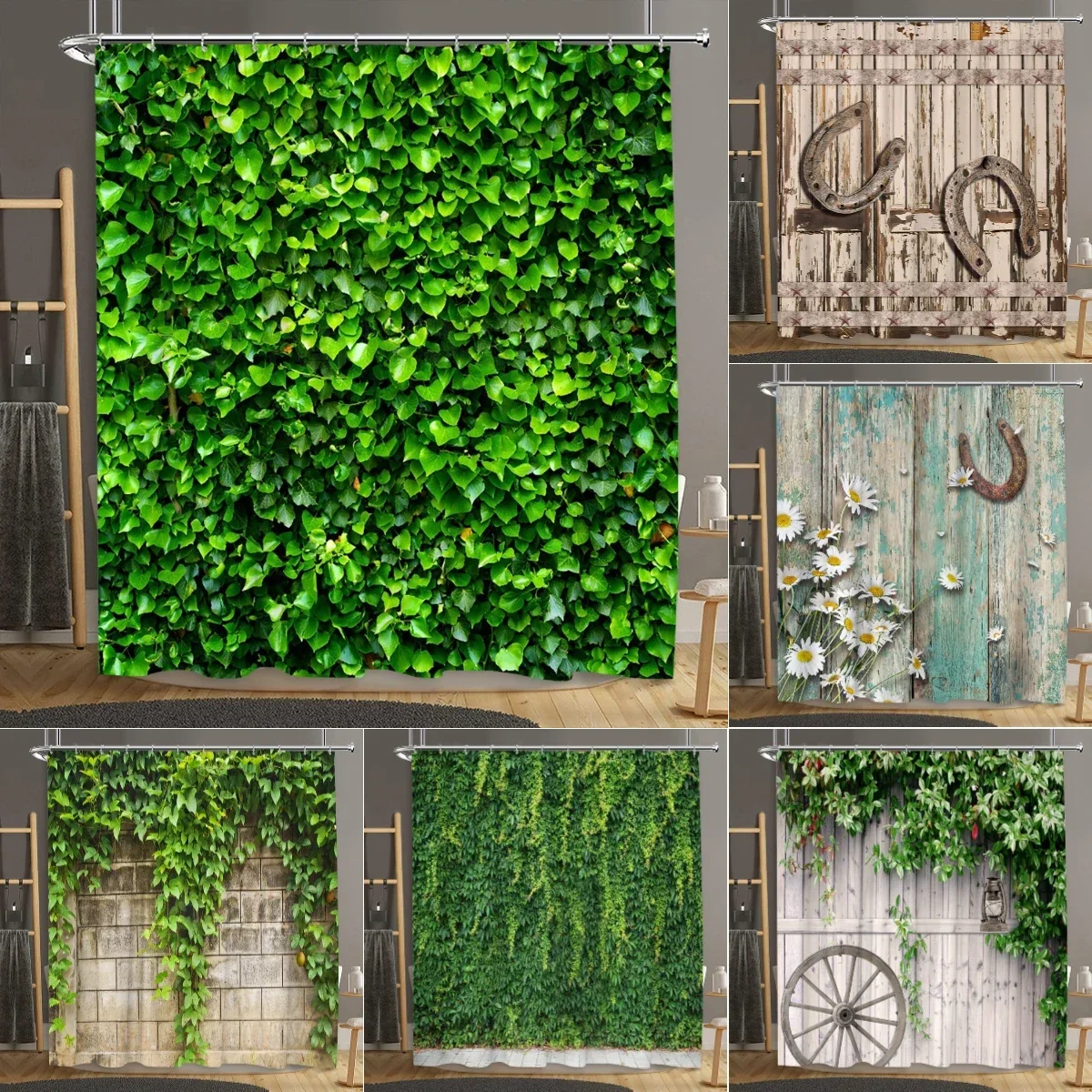 Brick Wall Shower Curtain Botanical Flower Natural Farm Vine Barn Rustic Wood Panel Home Polyester Fabric Bathroom Decor Curtain