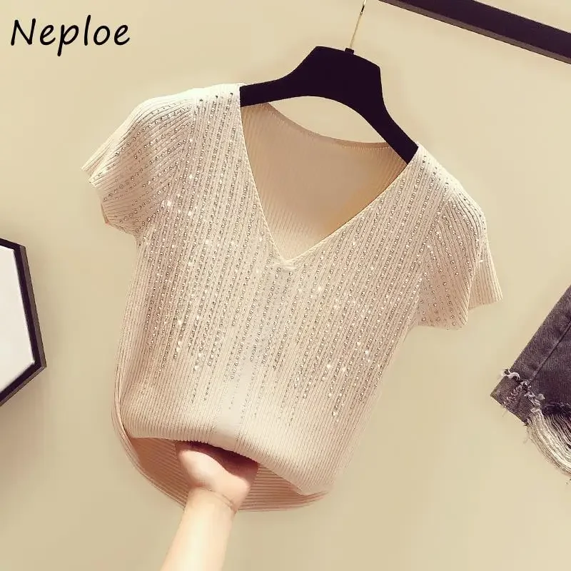 Neploe Rhinestone Knitting V-neck Womans Tops Short Sleeve Pullover Sweater Women 2024 Summer New Sexy Cropped Top T-shirts