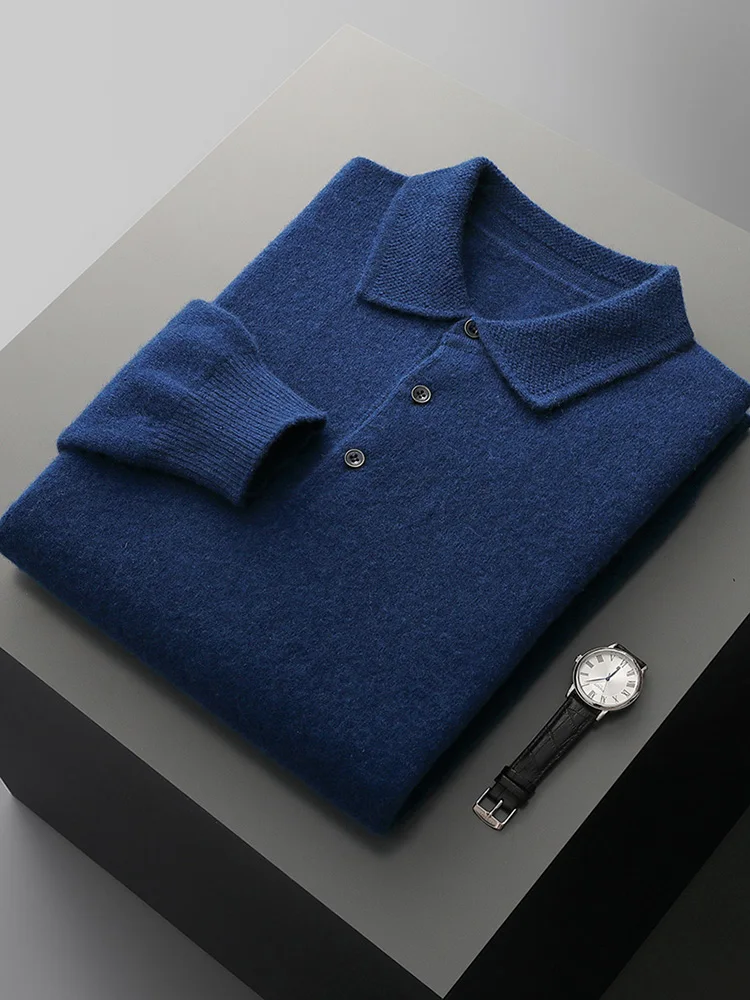 100% Australian Wool Men Lapel Pullover Long Sleeve POLO Neck Sweaters Loose Warm Tops Knitted High-quality Clothing