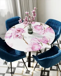 Water Orchid Flower Plant Round Elastic Edged Table Cover Protector Cloth Waterproof Circle Fitted Tablecloth Lady Gifts