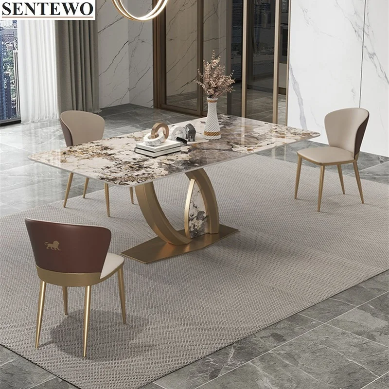 

Luxury Rock Slab Kitchen Dining Table With Dinner Chair Stainless Steel Gold Base Faux Marble Table Chair Set Eettafels Tafel