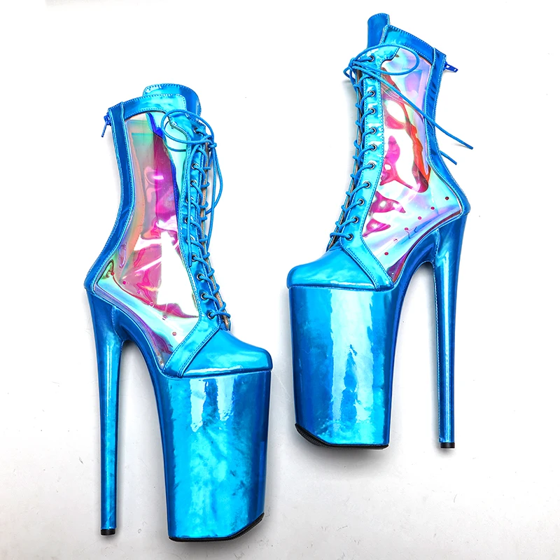 Leecabe  26CM/10inch Shiny   PU  Upper with transparency holography  sexy exotic High Heel platform  Pole Dance boot