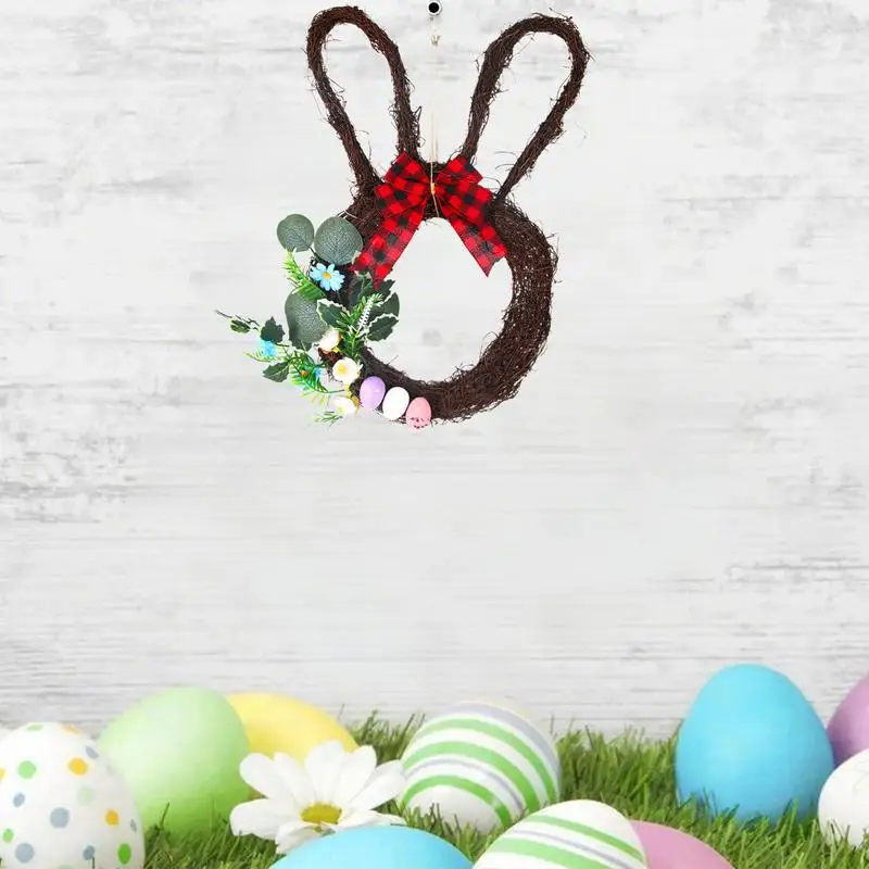 

Easter Bunny Shaped Wreath Spring 18.9Inch Artificial Wreath With Bow Knot Rattan Bunny Wreath Rabbit Plant Garland Decoration