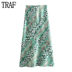 TRAF 2024 Satin High Waist Skirt Women Green Print Long Skirt Woman Glitter Midi Women's Skirts Vintage Office Woman Skirts