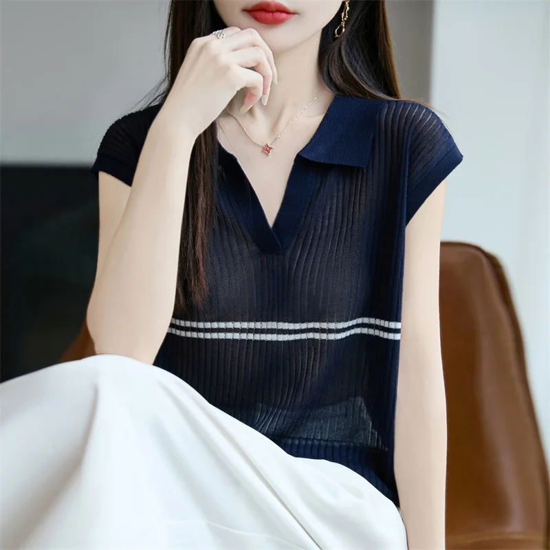 Korean Style Minimalist Polo Collar Knitted Sleeveless Vest For Women, Summer 2025 New Versatile Micro Transparent Slim Fit Tops