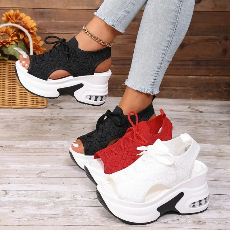 Women Knit Peep‑Toe Platform Wedge Sandals, Lace‑Up Air Cushion High Heel Cutout Summer Sport Sandals