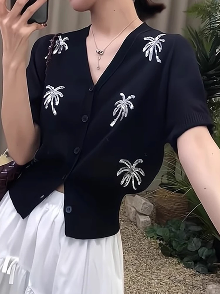 

Ele V-Ne Ice Silk Knitted Open Cardigan Women's Slimming Base irt Single Button Summer High-End Faion Top