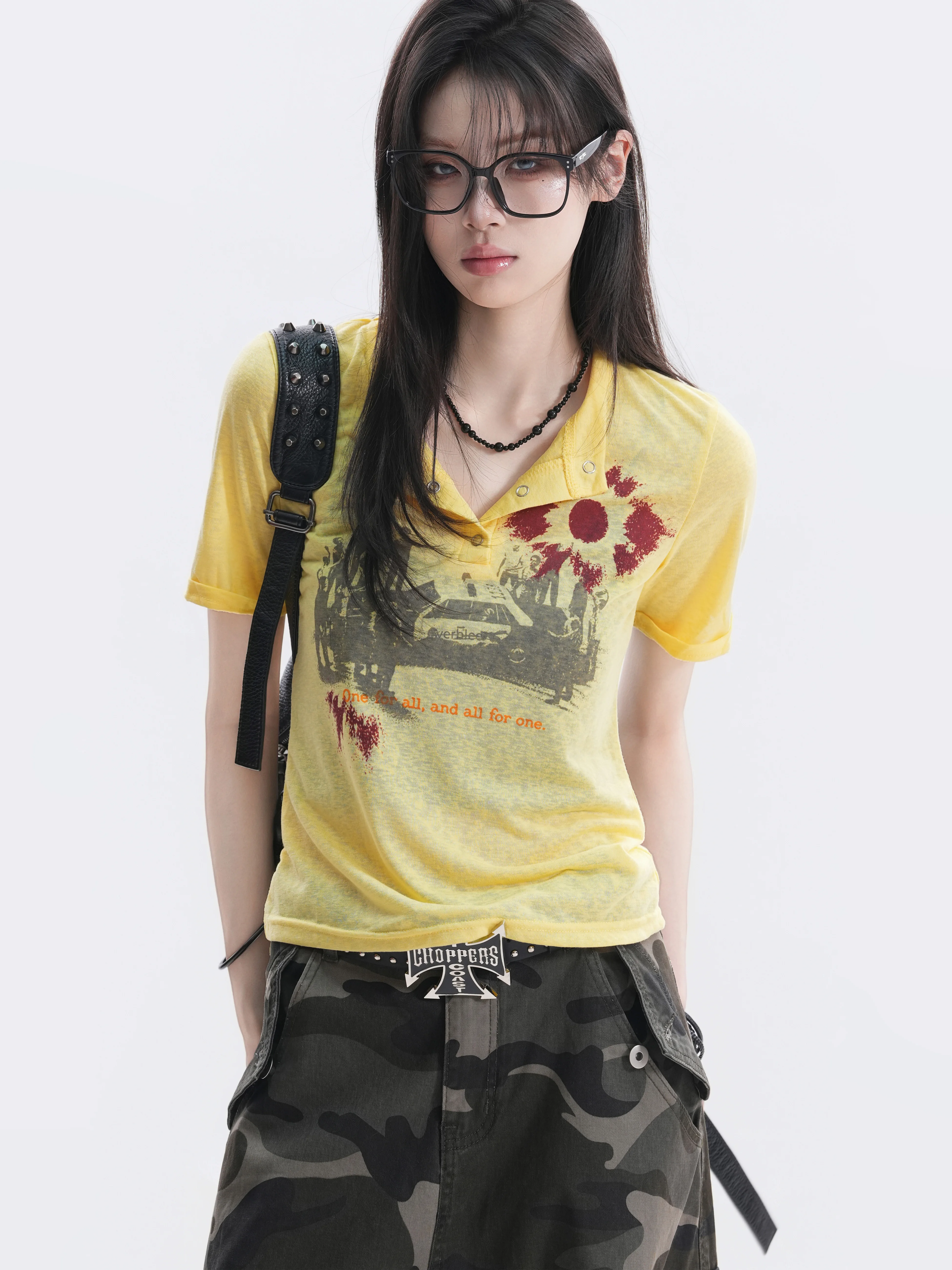 Retro American Hip Hop Print Collar Short Sleeve T-Shirt Women Summer Spicy Girl Breathable Skin-Friendly Polyester Cotton Blend