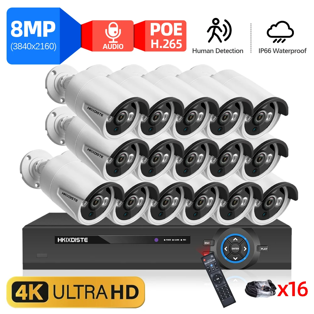 

16CH CCTV System 8MP POE NVR 4K Ultra HD Night Vision H.265 Vidio Surveillance Kit Security Protection Human Detection IP Camera