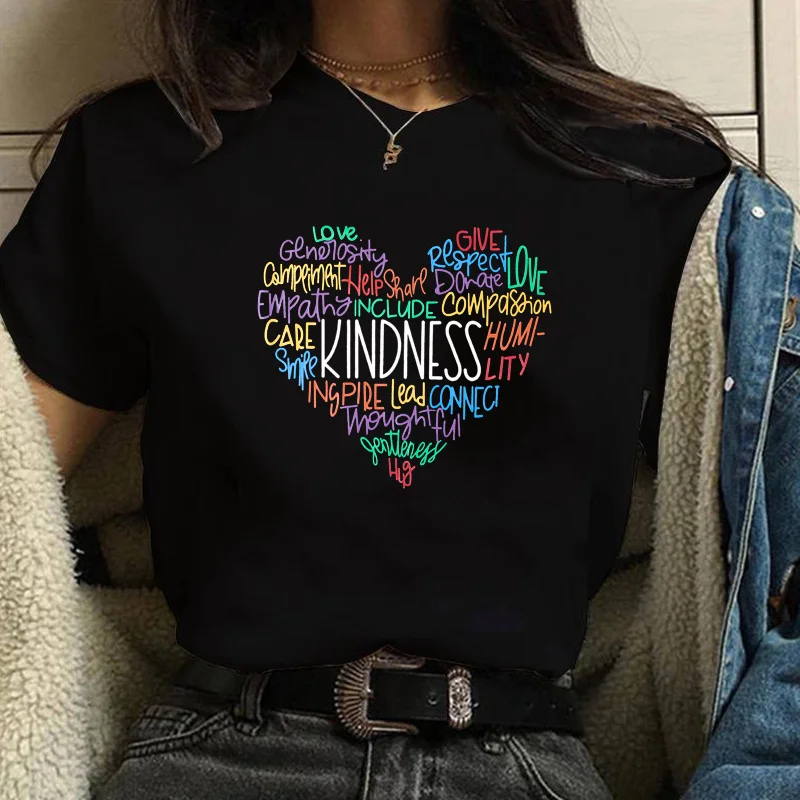 

Funny KINDNESS Heart Print Tee Women's Summer Fashion Comfort Shirt