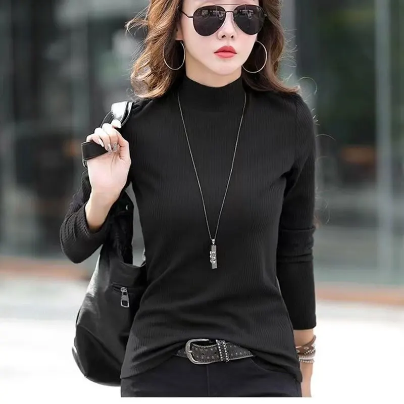 

Women's Autumn and Winter Casual Fashion Simplicity Solid Color Turtleneck Long Sleeve T-Shirt Women Clothes All-match Slim Tops