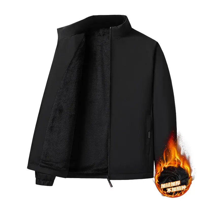 Winter Fleece Lined Casual Jackets Men Business Stand-up Collar Warm Windproof Zippered pocket Coats Thermal Sporty Outerwear