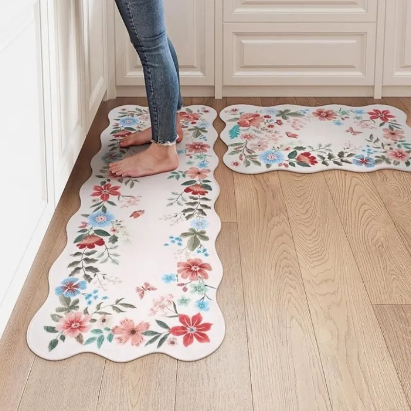 VIKAMA Flower Kitchen Mats Non Slip Long Strips Floral Decorative Carpets Home Decoration Washable Rug for Kitchen Floor