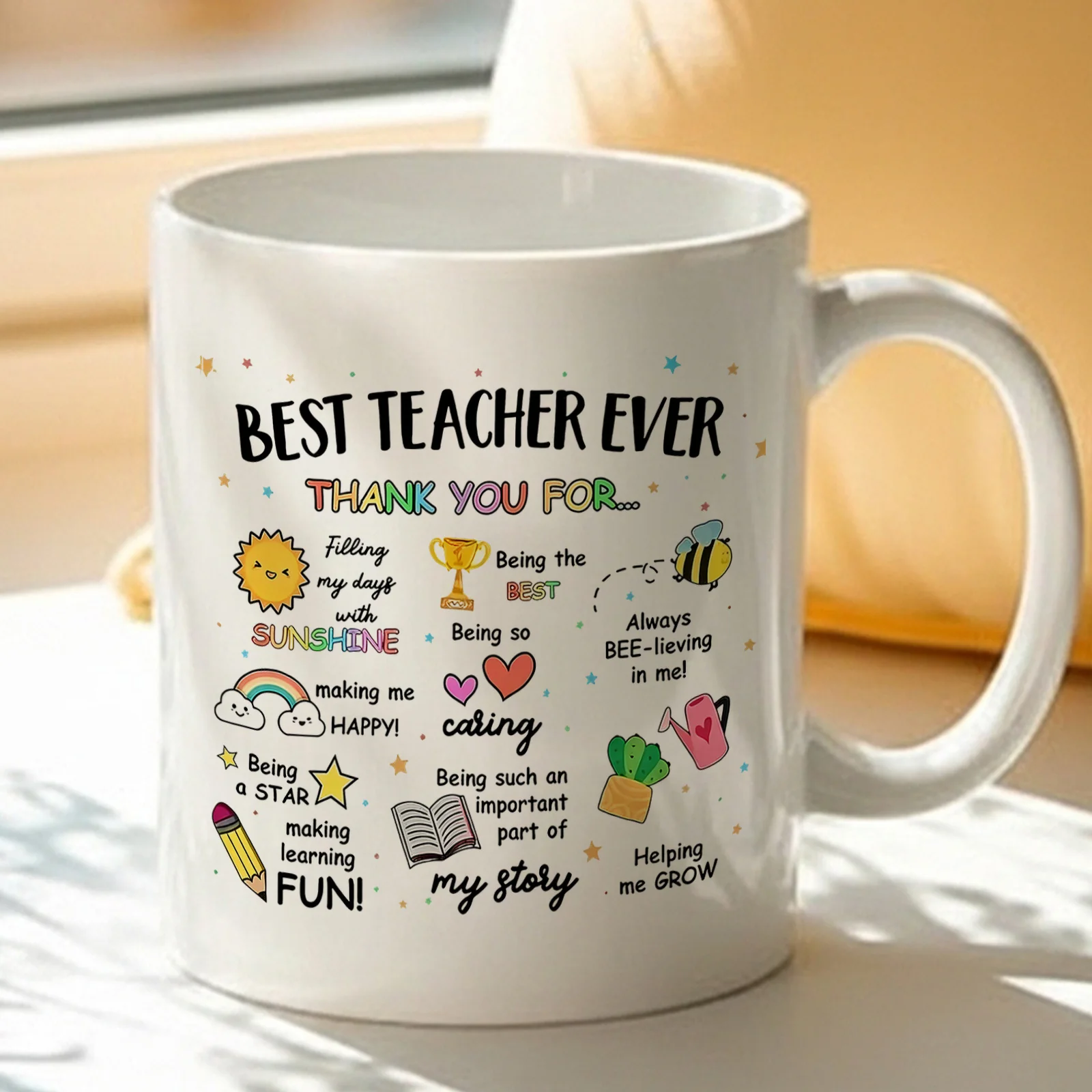 1pc Best Teacher Ever Thank You Coffee Mug- Teacher Appreciation Cup With Colorful Quotes& Rim Suitable For Teacher Gifts - view 3