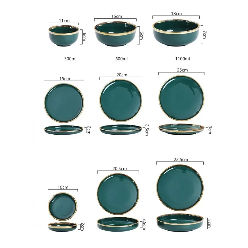 Luxury Gold Edg Green Ceramic Tableware Sets Food Dessert Plate Salad Soup Bowl Multi Style Household Dish Kitchen Accessories