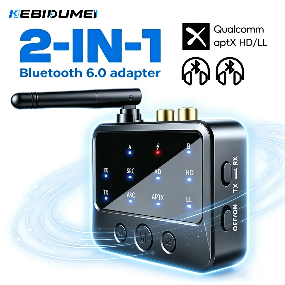 KEBIDUMEI Bluetooth 6.0 Audio Transmitter Receiver AptX-Adaptive AD/HD/LL AAC 3.5MM AUX RCA Stereo HiFi Music Wireless Adapter