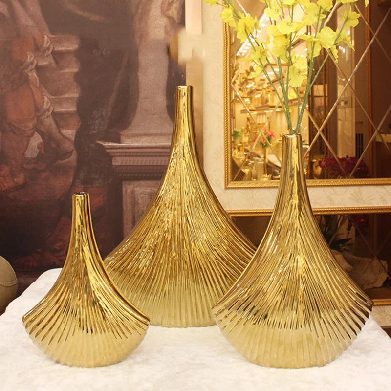 Florero para decoración del hogar, florero de cerámica dorado, floreros de concha de lujo para decoración de habitación, salón, Macetas, Jarrones de cerámica, maceta de flor