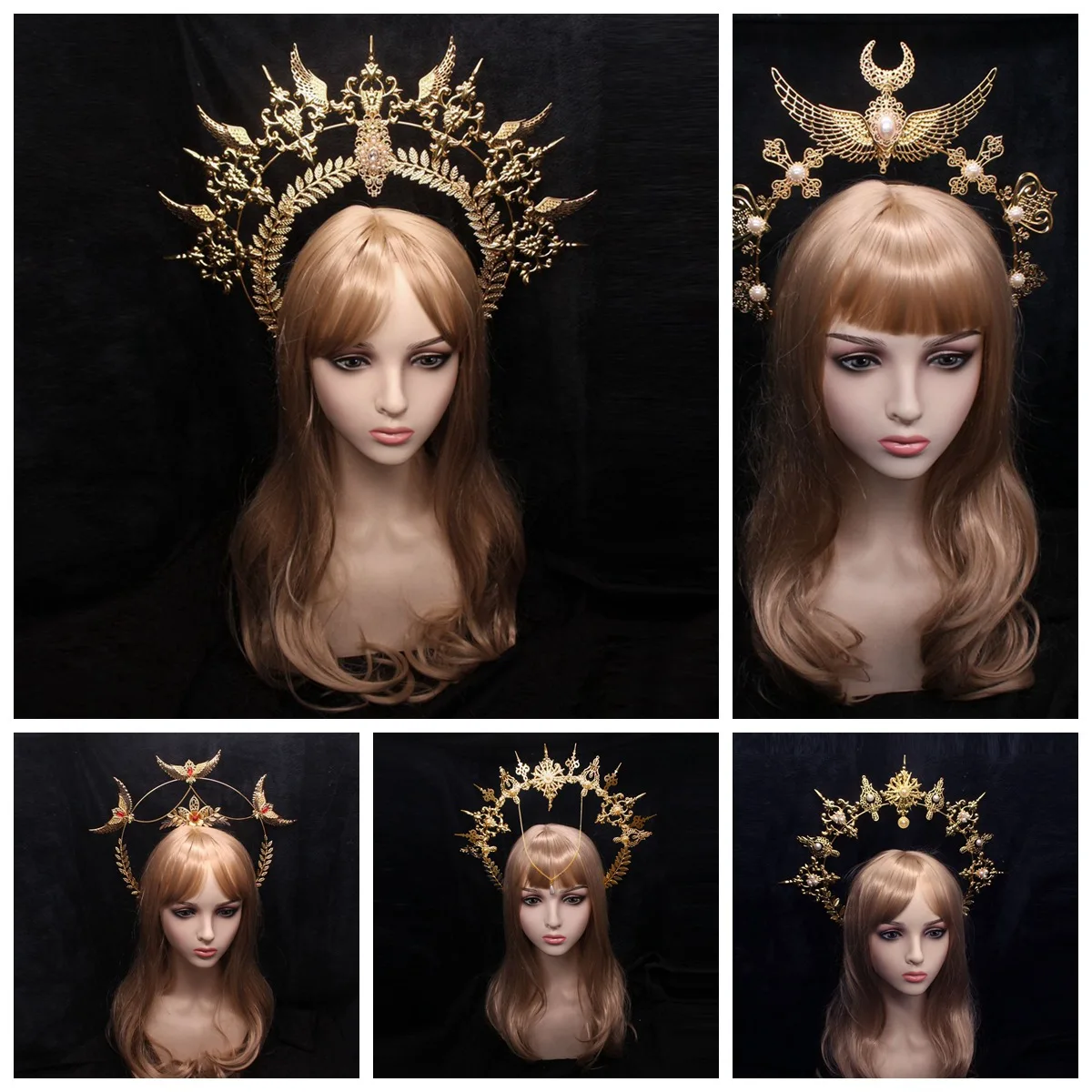 Handmade Lolita Headband Golden Mary Apollo Sun Halo Angel Goddess Gothic Crown Goth Headpiece Filigree For Bride Photoshoot