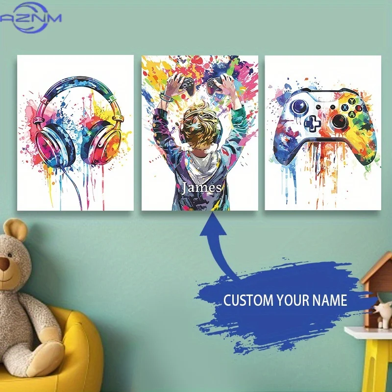 Custom 3pcs Name Frameless Wall Art Set- Personalized Gamer Gift Canvas Prints, Theme Posters for Nursery, Kids Boys Room, Bedro