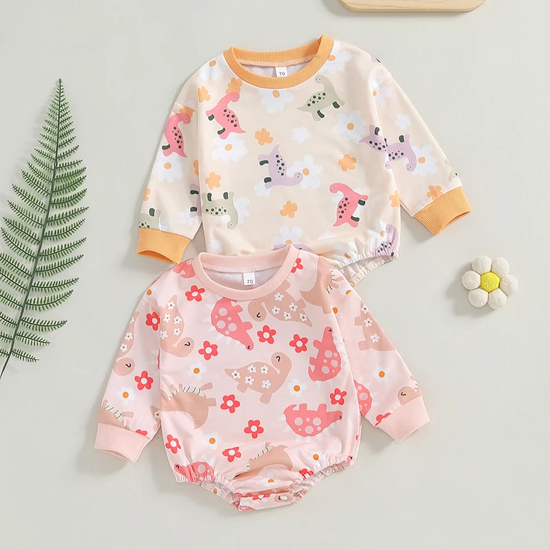 

2024-07-05 Lioraitiin 0-18M Baby Girl Romper Long Sleeve Round Neck Dinosaur Print Bodysuit Little Girl Fall Clothes