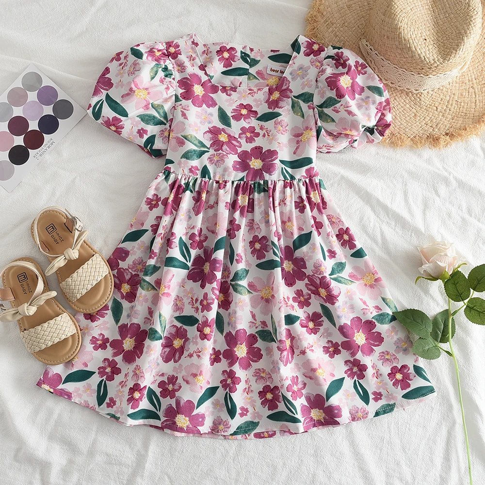 Girls Dresses Summer New Girls Puff Sleeve Floral Dress Fashion Dress Birthday Party Princess Dress Vestidos 3-7 Y