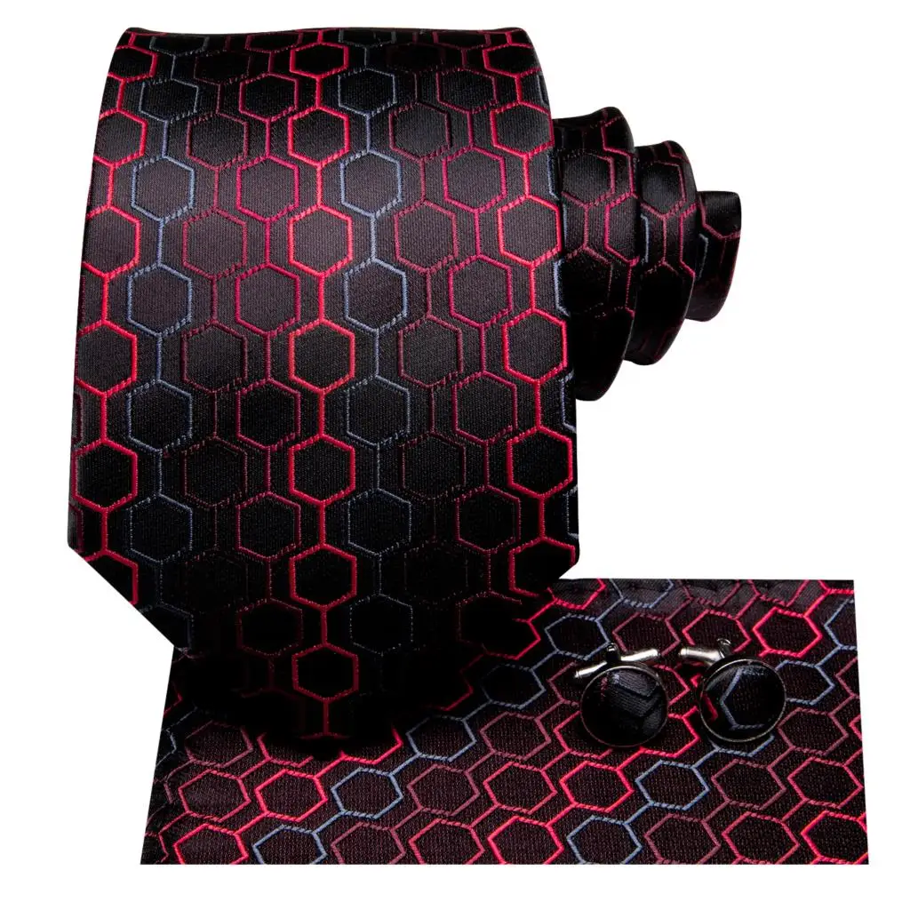 Hi-Tie Designer Black Red Novelty Silk Wedding Tie For Men Handky Cufflink Gift Men Necktie Fashion Business Party Dropshiping