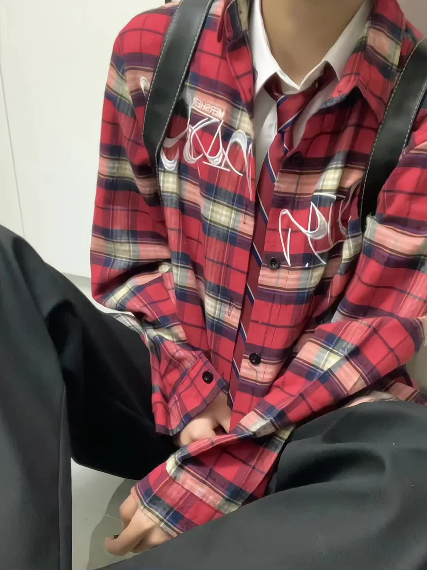 

Retro American Red Plaid Embroidered Long Sve irt Trendy Men's Spring Autumn Cleanfit High Quali Couple Outerwear