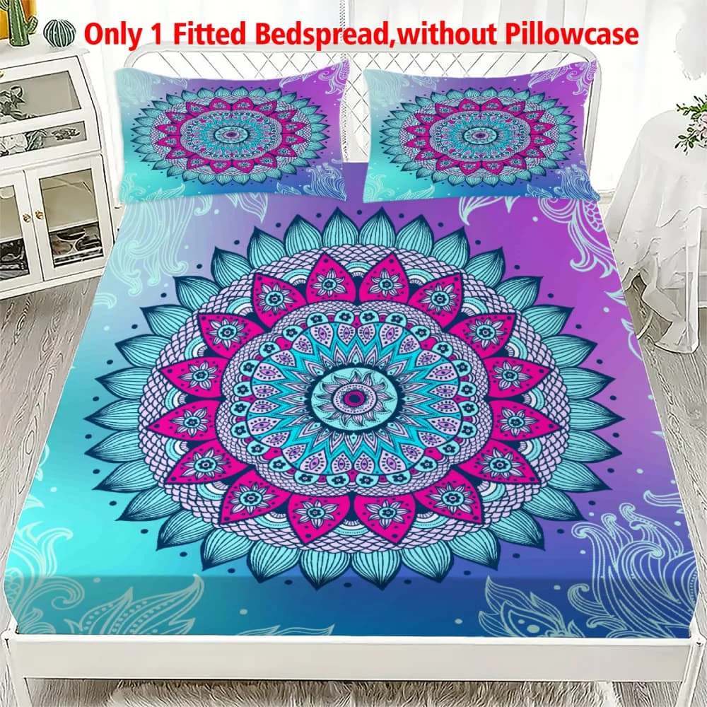 1 pieza Sábana Ajustable con Estampado Floral Mandala Teal, Funda de Colchón Elástica de Bolsillo Profundo para Cama Individual, Doble, Queen, King, Decoración de Dormitorio