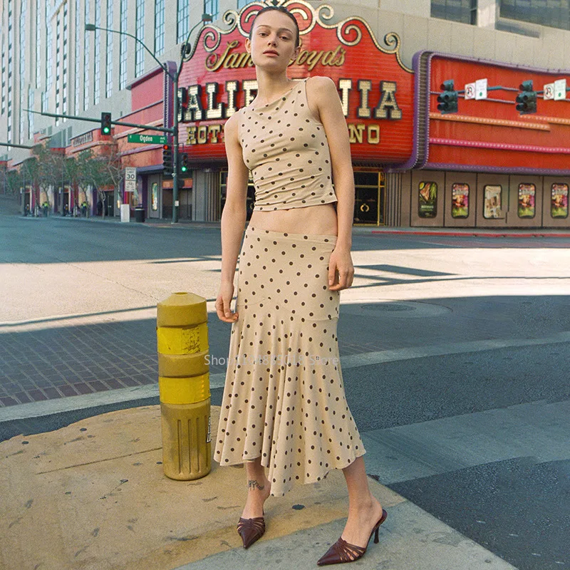 Polka Dot Long Skirt Set For Women O Neck Sleeveless Vest Top Pleated Skirt Set Female Fashion Office Lady Dress Sets