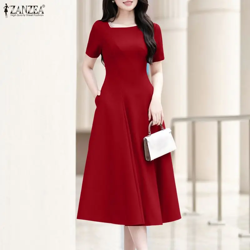 ZANZEA Elegantes Damen-Midikleid mit eckigem Ausschnitt und kurzen Ärmeln, Sommer 2026, einfarbiges OL-Arbeitskleid, stilvolles A-Linien-Kleid mit Taillierung, Party-Sommerkleid