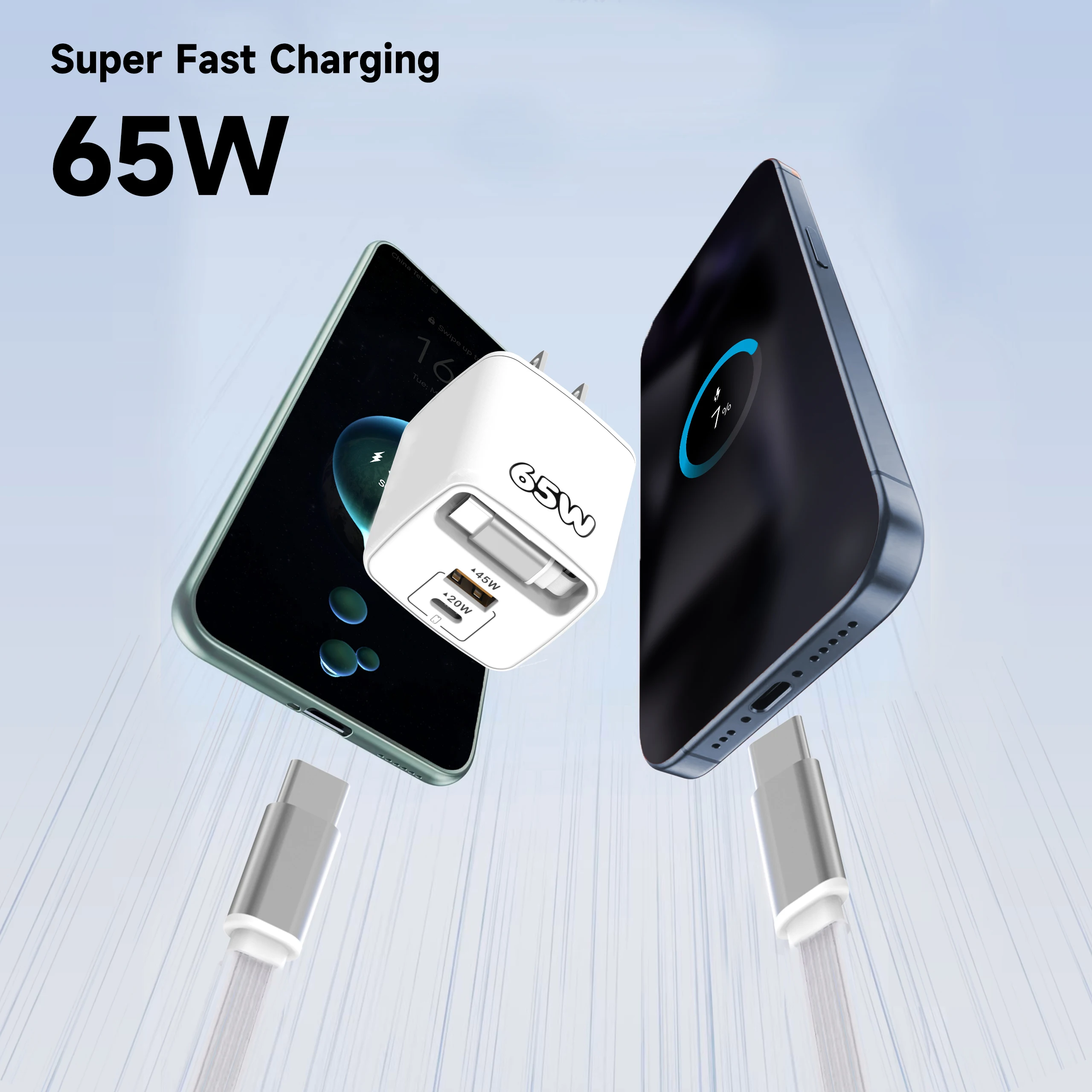 65W PD USB C Charger Telescopic USB C Cable Quick Charge 3.0 Wall Phone Adapter Plug for iPhone 17 Pro Samsung Xiaomi EU/US/UK