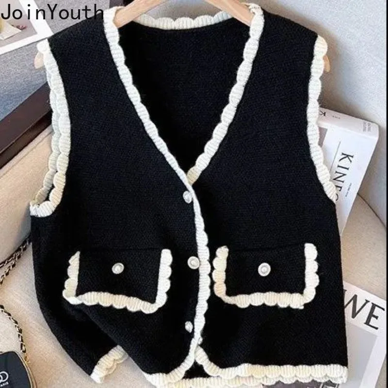 2023 Vest Sweater Women Clothing V-neck Ruffles Single Breasted Vintage Waistcoat Ropa Mujer Black Knitted Tanks Cropped Tops