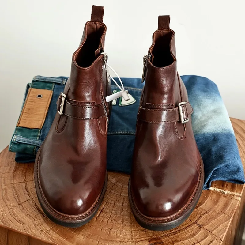Retro Style Washed Genuine Leather Handmade Motorcycle Boots Men's Shoes High Top Comfortable Casual Chelsea Male Boots