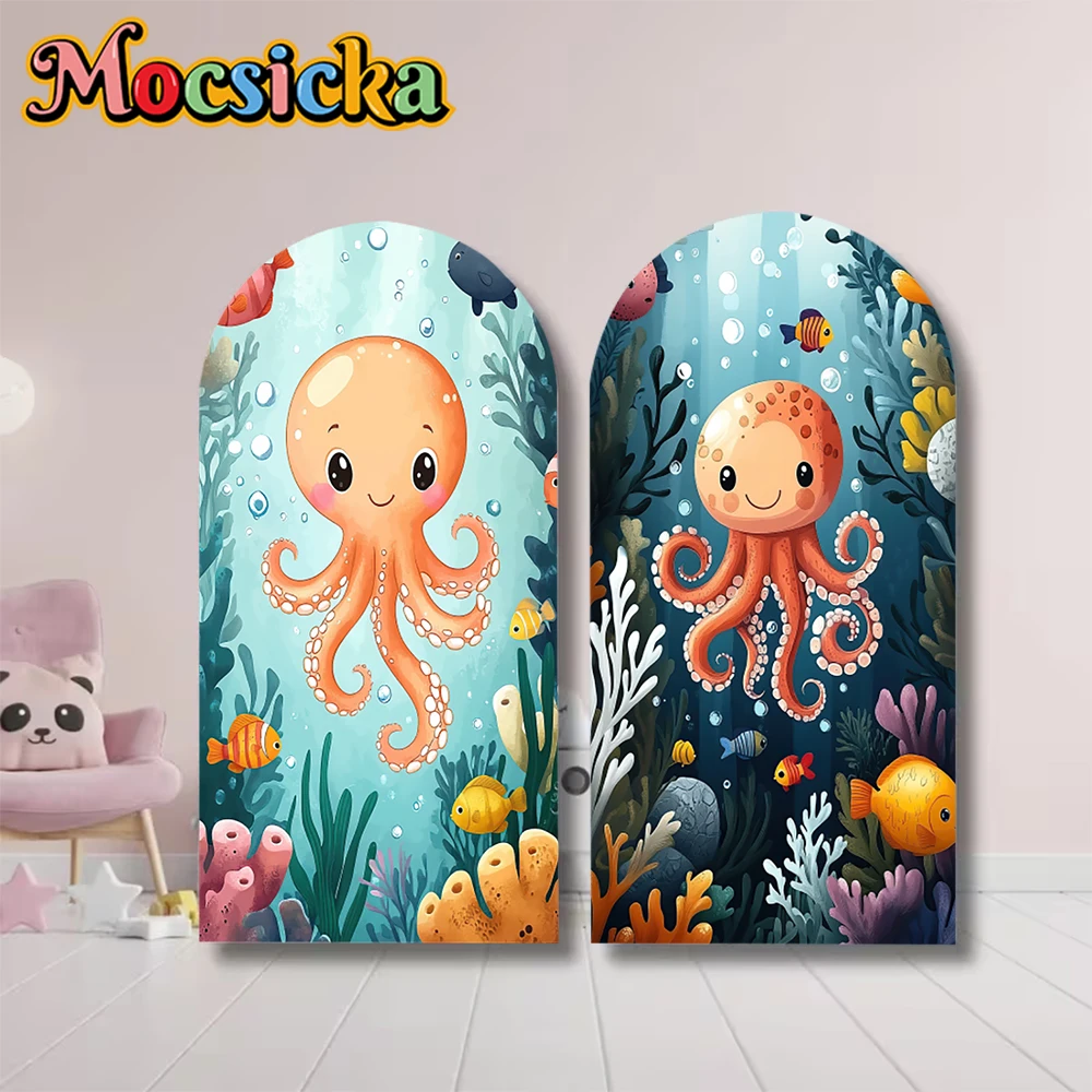 

Mocsicka Double-Sided Arch Backdrop Baby Shower Birthday Arched Cover Background Octopus Underwater Coral Fish Decor Studio Prop
