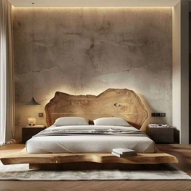 Full solid wood modern simple home double bed log bed wabi-sandy wind bed frame