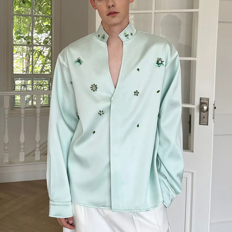 WVGA Spring Autumn New Men Tide High-End Trendy Design Beaded Satin Stand Collar Shirt Niche Chic Casual Long Sleeve Tops W17876